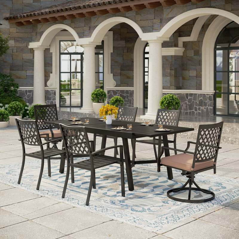 Alyah 6 - Person Stainless Steel Patio Dining Set Extendable Rectangular Table with Cushions Included