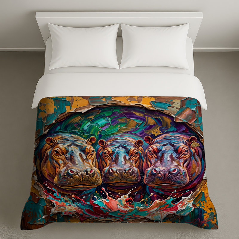Trois hippopotames peignant des housses de couette, King