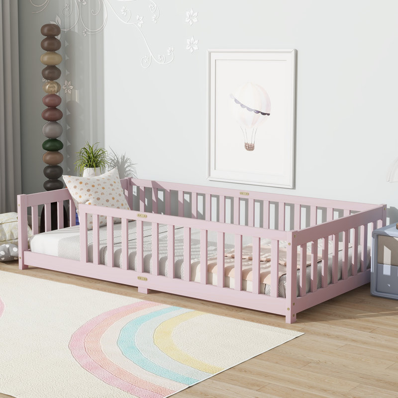 Lit plateforme simple en bois pour enfants avec garde-corps de sécurité pour chambre à coucher, Rose