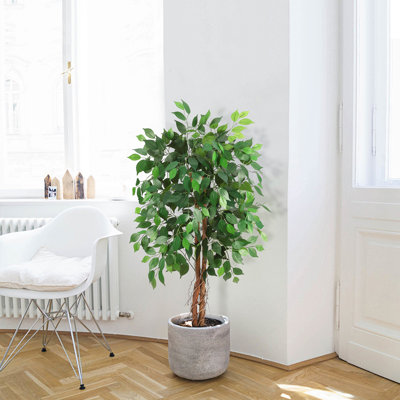 Ficus artificiel de 5 pi avec 2 troncs en bois naturel, arbre artificiel avec pot pour la décoration intérieure, plante artificielle nécessitant peu d'entretien pour le bureau personnel