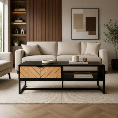 Meuble télé moderne, console multimédia noire avec tiroir en bois naturel et casier de rangement ouvert, centre de divertissement pour le salon