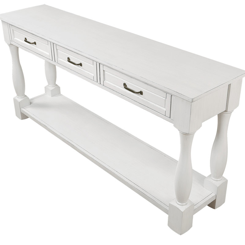 Console, 63 po, structure en bois massif, 3 tiroirs et tablette, blanc antique, fabrication Mid-Century 63 po avec capacité de charge suffisante