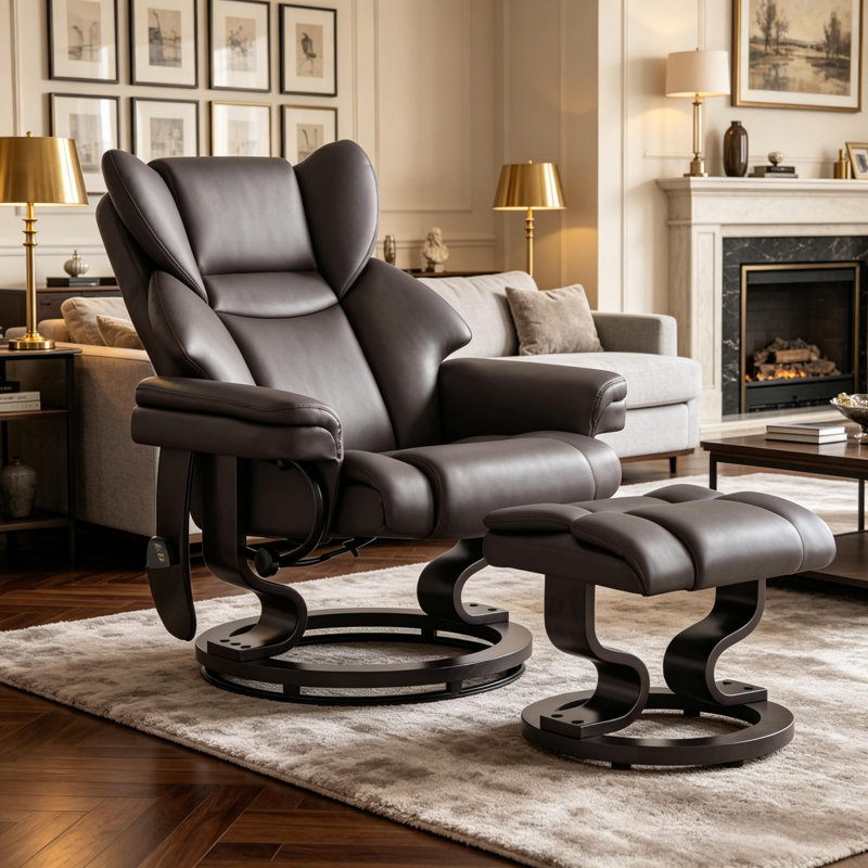 Fauteuil inclinable de massage à 10 points, similicuir et acier, fauteuil inclinable de massage, brun, pivotant sur 360 ° avec repose-pieds extensible