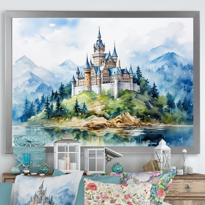 «Magical Castle By The Lake - Castles», art mural, Cadre de coin argenté fermé, H 34 po x l 44 po x P 1,5 po