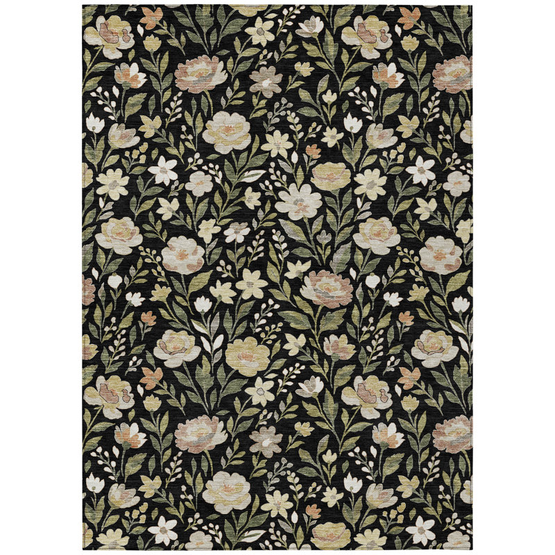 Machine Washable Indoor/Outdoor Chantille ACN2438 Floral Rug, 9' x 12', Black