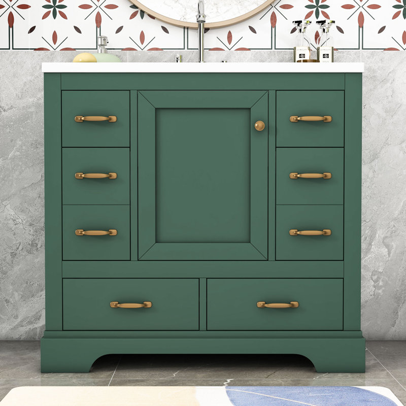 Meuble-lavabo simple en bois Scoles avec comptoir en céramique, armoire et tiroirs de rangement multifonctionnels, Vert