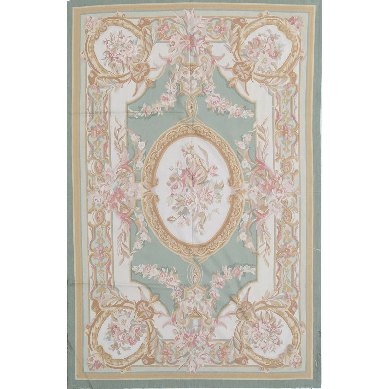 Tapis vert et ivoire noué à la main de haute qualité