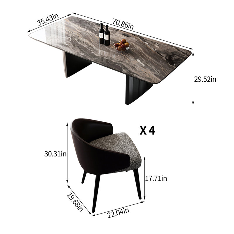 Ensemble de table de salle à manger moderne simple rectangulaire en marbre, H 29,52 po x L 70,86 po x l 35,43 po