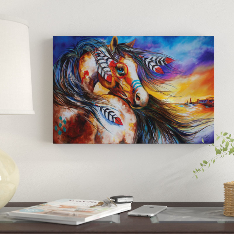 « 5 plumes indien guerre du cheval », reproduction sur toile, H 8 po x l 12 po x P 0,75 po