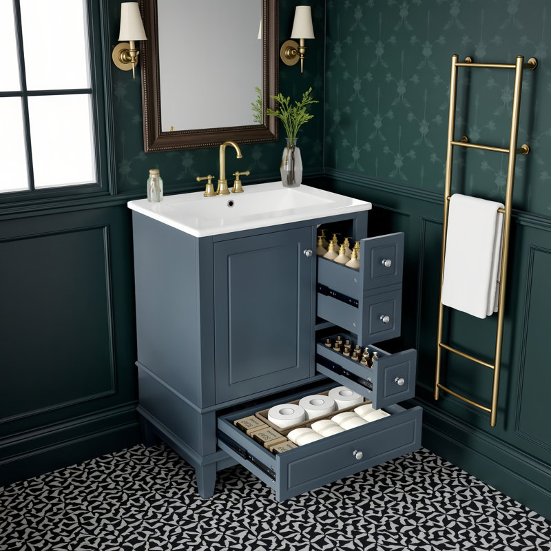 24"W Free-Standing Single Bathroom Vanity Set With Ceramic Sink, 3 Drawers & Storage Cabinet With Door Shelves, Blue Gray