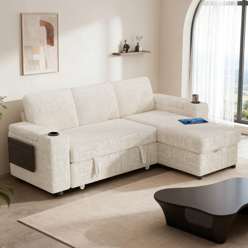 85-Inch 3-Seater Sofa Bed With Adjustable Backrest, Foldable Coffee Table, Cup Holders, Usb & Type C Ports, Storage Pockets, Perfect For Home, Hotel, Apartment, And Dorm