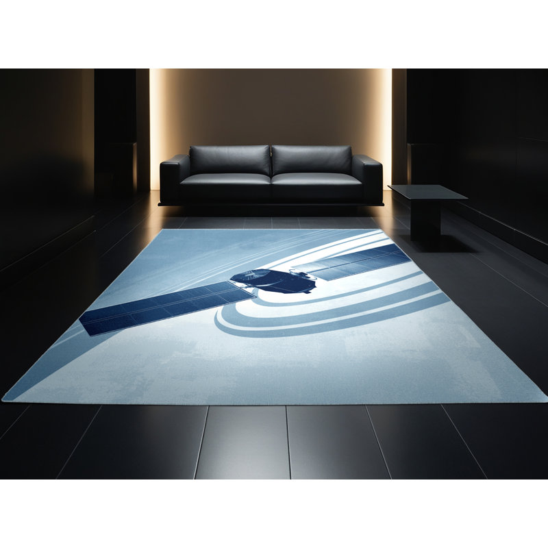Machine Washable Vehicles And Transportation Orbital Satellite Modern Rug in Blue – SkyBlue Binding, 3x5