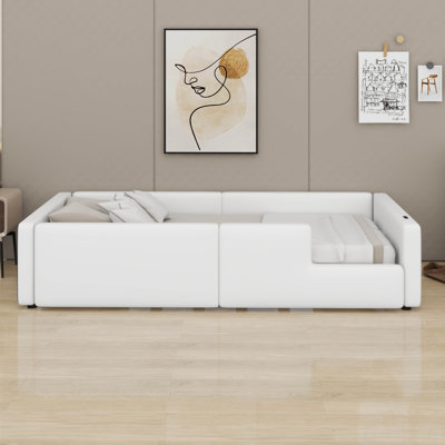 Kids Upholstered Platform Bed With Guardrail And Charging Station, Twin Size Kids Floor Bed Frame For Girls Boys