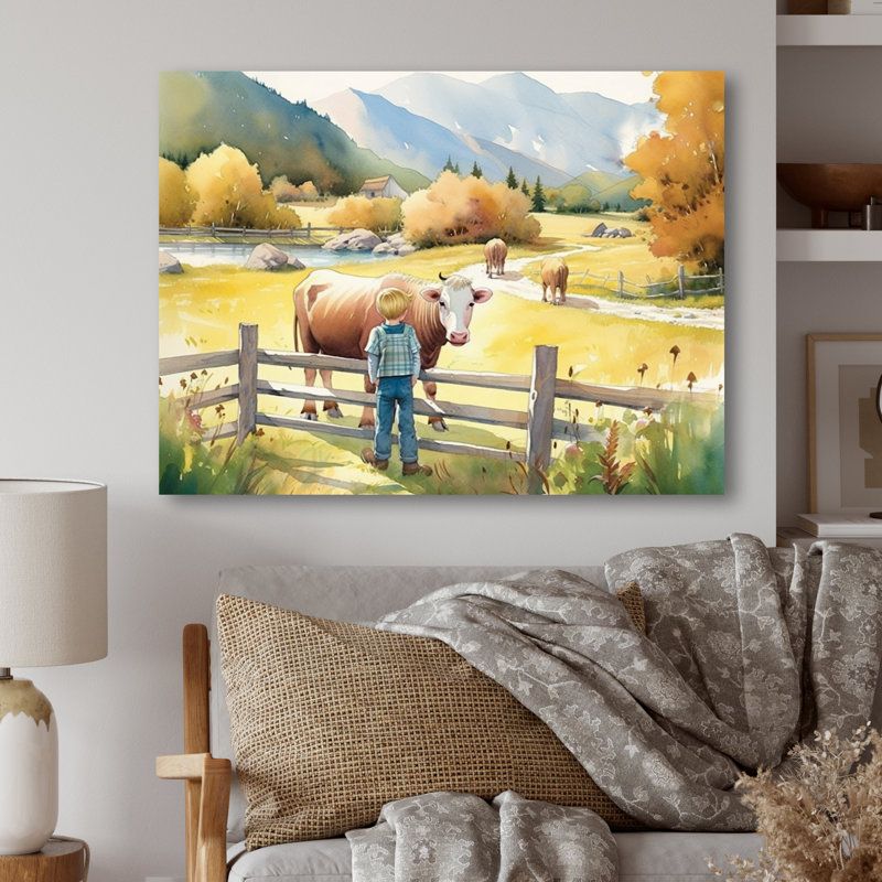Children On A Farm I - Farm Landscape, reproduction d'art mural, H 24 po x l 32 po x P 1 po, Toile tendue