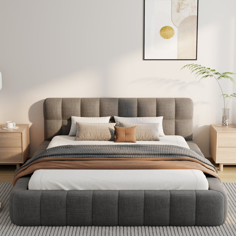 Katence Elegant Linen Queen Platform Bed with Headboard