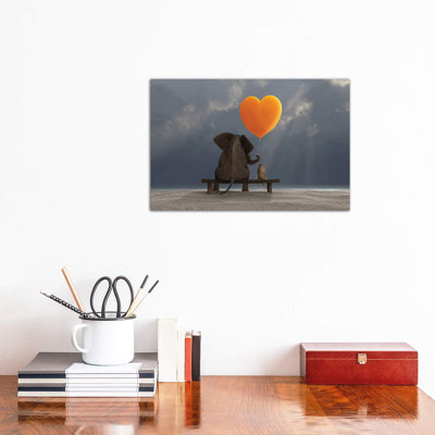 Elephant And Dog Holding A Heart Shaped Balloon by Mike Kiev - Wrapped Canvas Print