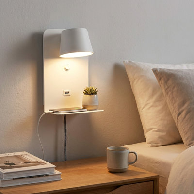 Modern LED Wall Sconce with USB Port and Shelf, Adjustable Plug in Bedside Reading Light for Bedroom, Hotel, Apartment and Dorm Room