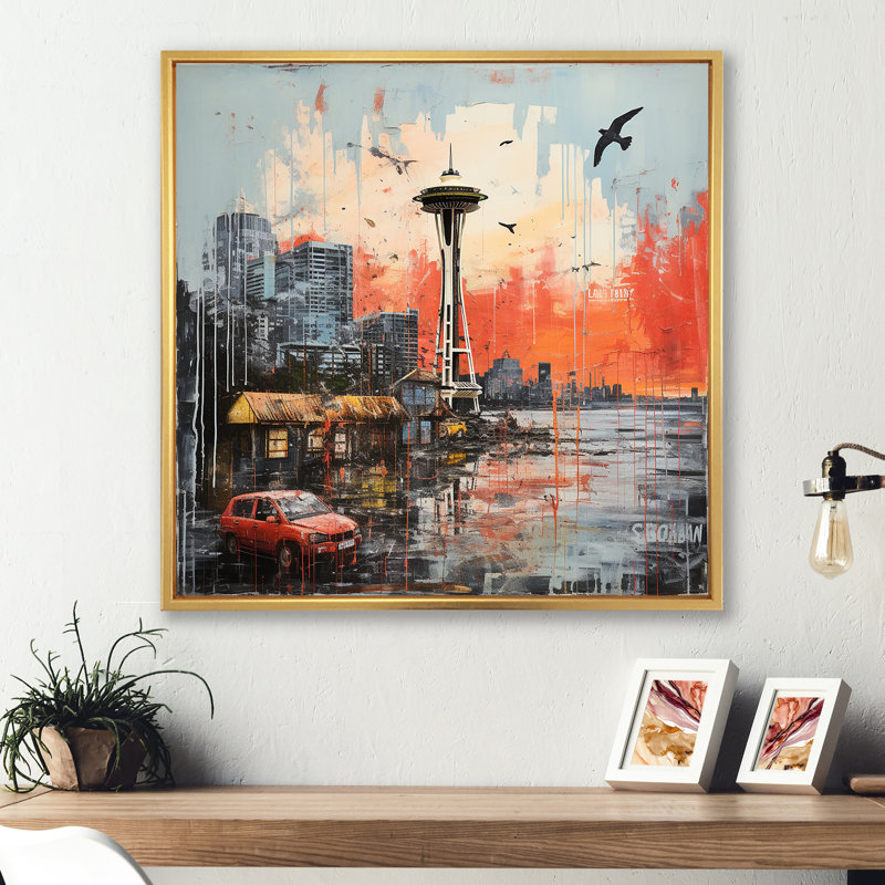 Seattle Pop Art Landscape - art mural Seattle, Cadre flottant doré, H 16 po x l 16 po x P 1 po