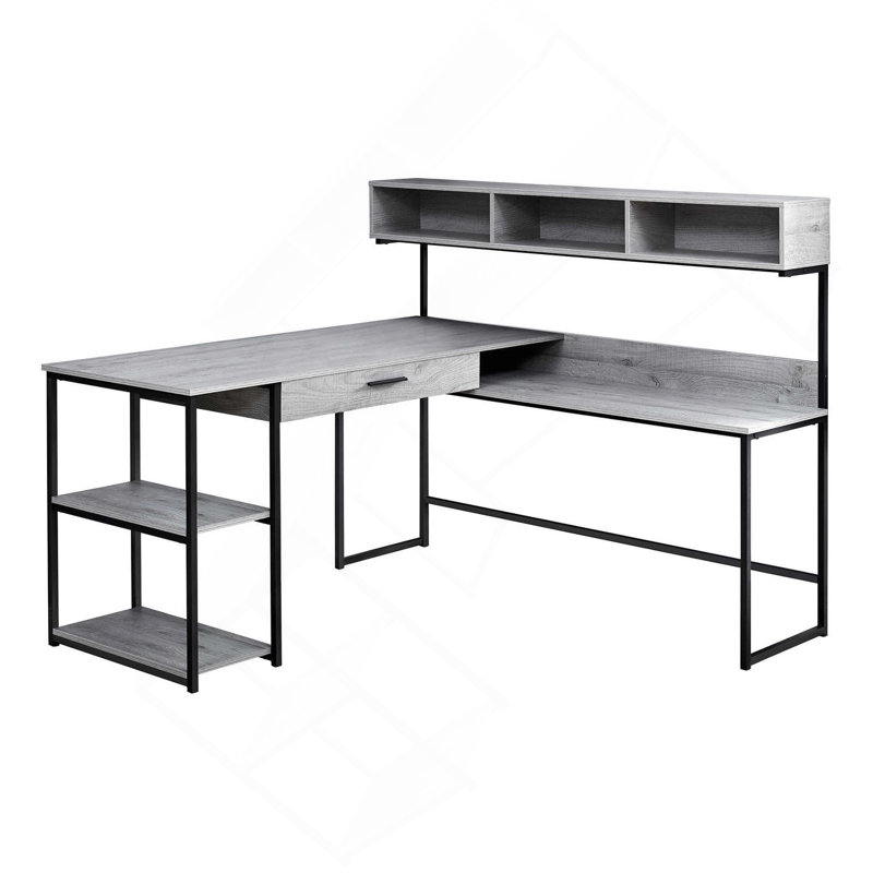 Bureau d'ordinateur, bureau personnel, coin, tiroirs de rangement, forme de L, bureau, ordinateur portable, stratifié gris, métal noir, contemporain, moderne