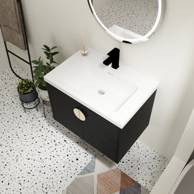 Floating Bathroom Vanity Sink Combo, Modern Wall Mounted Bathroom Storage Cabinet Set w/White Ceramic Basin Sink Top for Small Space