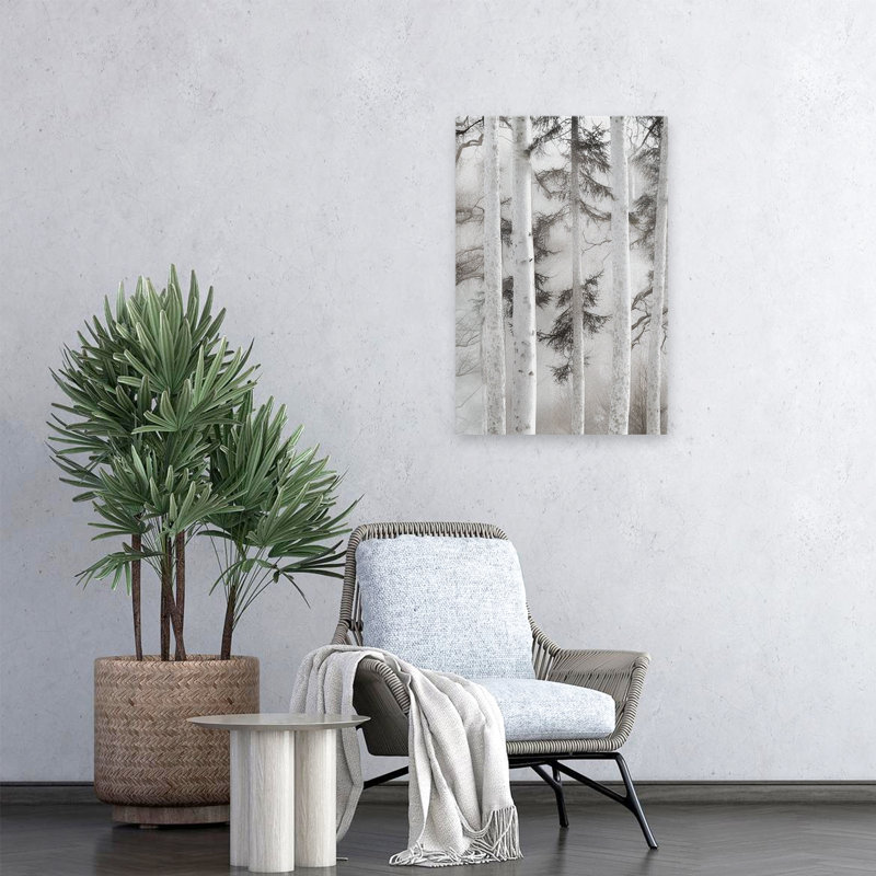 Misty Birch Forest In Soft Light - Photographie de paysage, art monochrome en nature, H 24 po x l 16 po