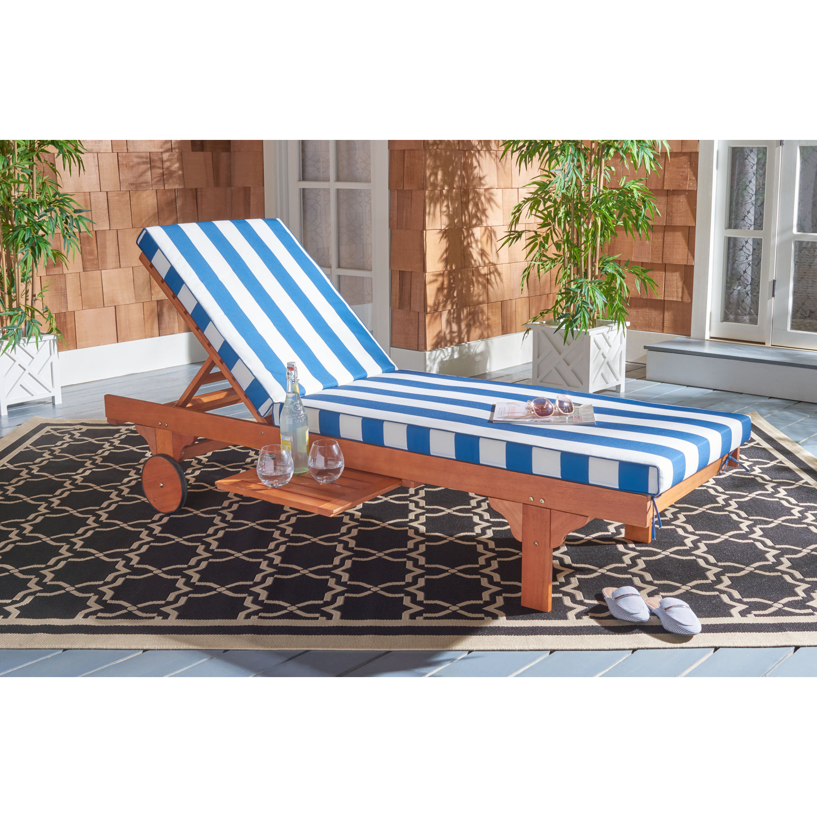 Jivera 28" Eucalyptus Patio Chaise Lounge, Blue/White, Wood