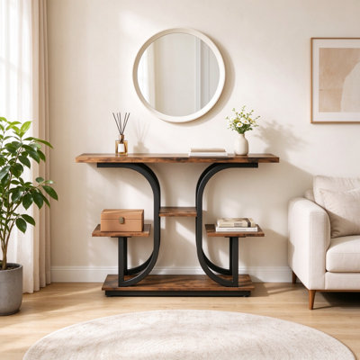 Console étroite moderne, table d'entrée industrielle à 3 niveaux avec étagères ouvertes, brun rustique