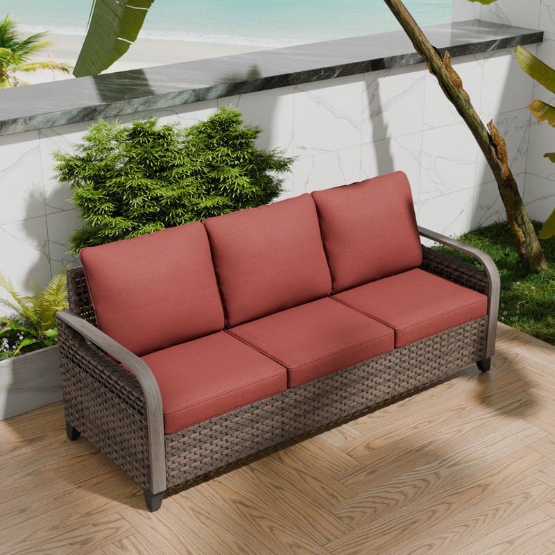  Canapé de patio d'extérieur en osier avec coussins 77,6 po Jahtavious, Rouge