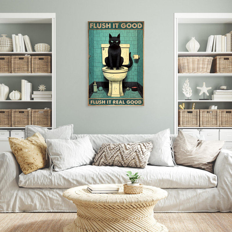«Black Cat In Toilette Flush It Good», reproduction d'art graphique sur toile tendue 1 pièce | 0207