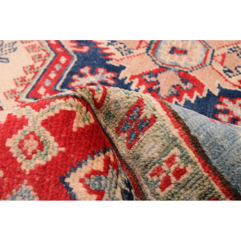 Tapis rouge en laine noué à la main de conception unique 5 pi x 6 pi 7 po New Age