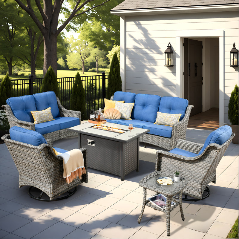 Demariea Outdoor Wicker 7 Person Seating Group With Fire Pit Table With Rocking And Swivel Chairs, Blue