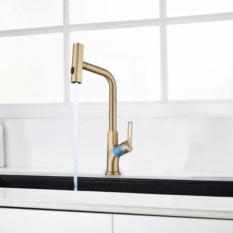 CERYPSA Pull Down Kitchen Faucet with 90° Adjustment for Switching Three Spray Modes, Brushed Gold