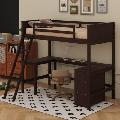 Lit mezzanine avec tablettes, tiroirs de rangement, bureau et escaliers