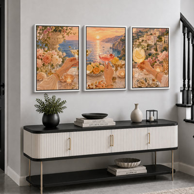 «Sunset Coastal Cocktail Terrace», images de salle à manger, impression sur toile encadrée, 3 pièces