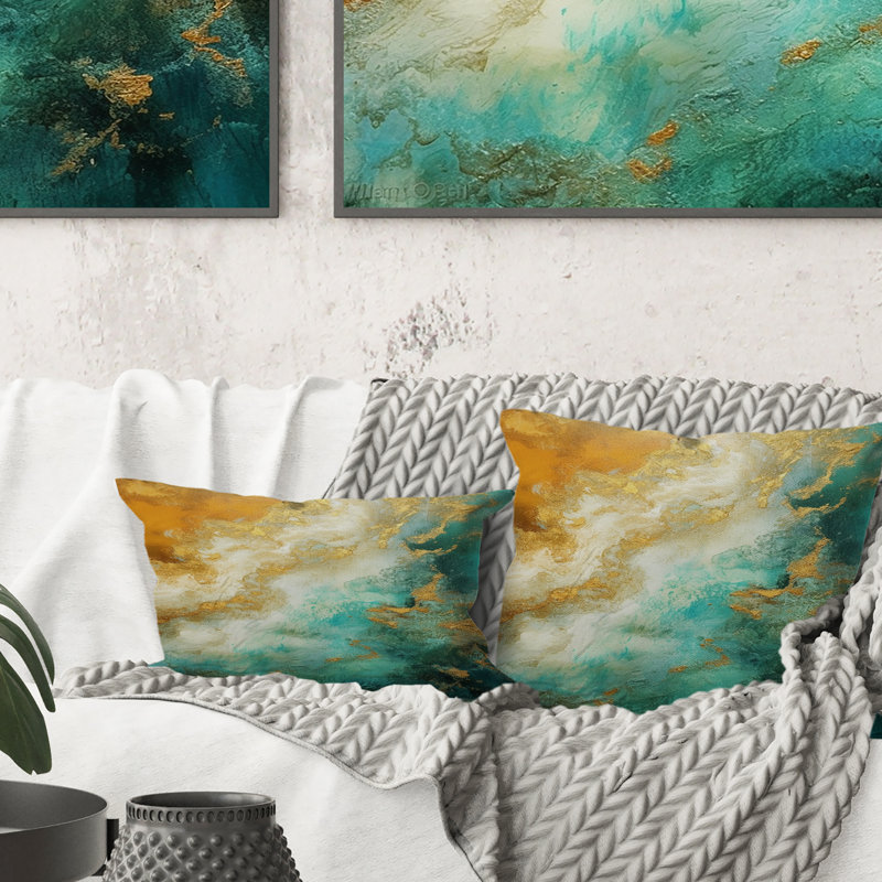 Coussin décoratif "Morning Bliss" or et bleu sarcelle