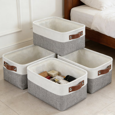 Storage Baskets for Shelves (4-Pack) – Fabric Closet Organizer Bins with PU Leather Handles, Collapsible Metal Frame for Linens, Toys, Towels in Living Room, Bedroom, and Nursery