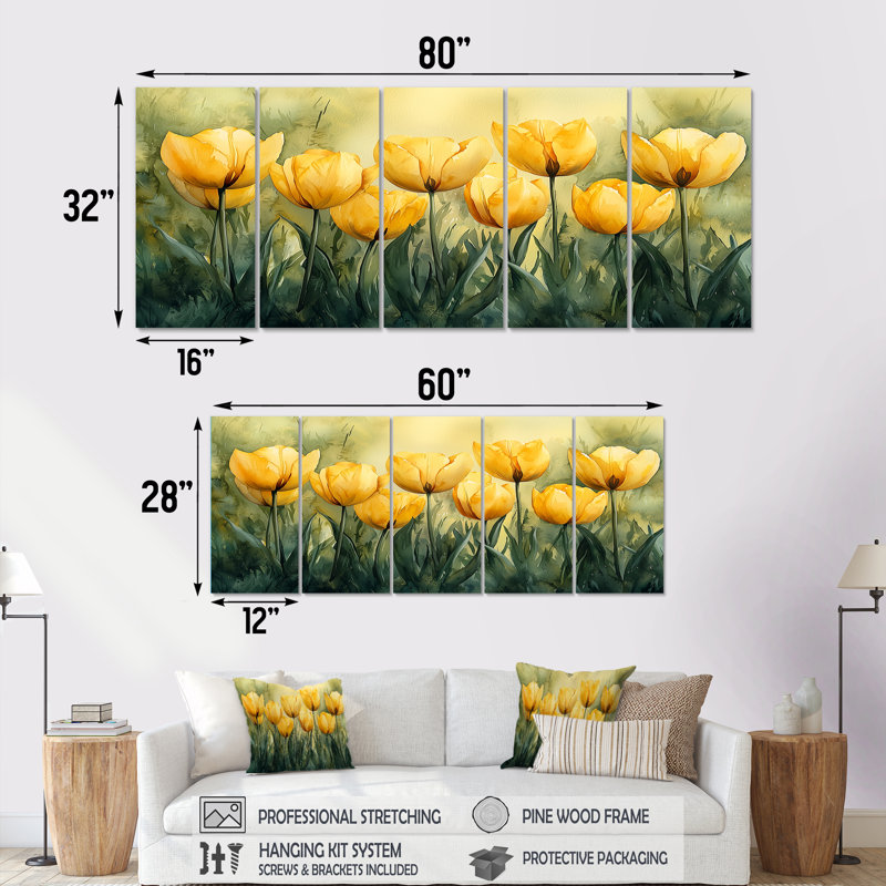 Aquarelle, tulipes, bouquet de fleurs d'été III - tulipes - art mural traditionnel, ensemble de 5 décorations murales