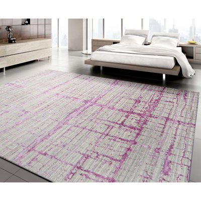 Tapis rectangulaire en laine / viscose noué à la main rose / gris