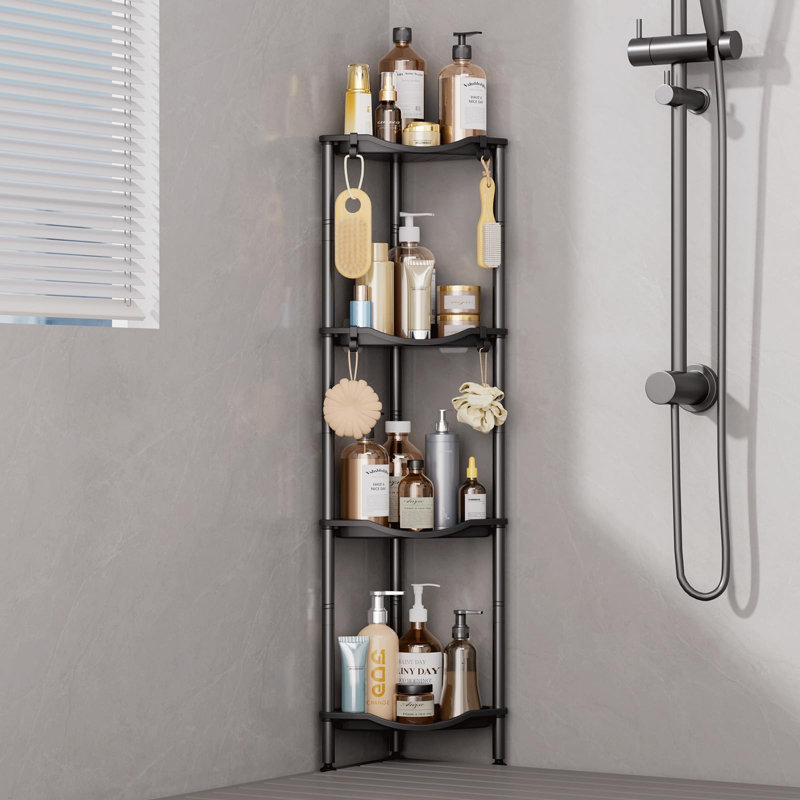 Étagère de douche d'angle à 4 niveaux avec crochets, organisateur de salle de bain, noire, étagère de salle de bain en plastique avec pieds réglables et crochets, organisateur de douche antirouille, 33 x 24 x 107 cm (hauteur)