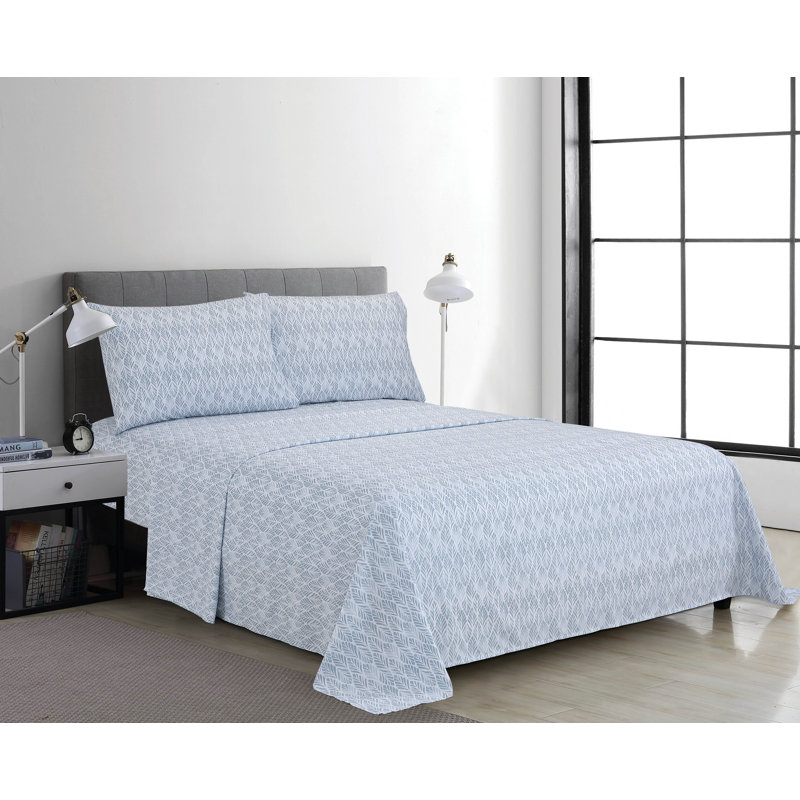 Ensemble de draps en microfibre 4 pièces, Motif floral bleu, Ensemble de draps pour lit double avec 2 taies d'o