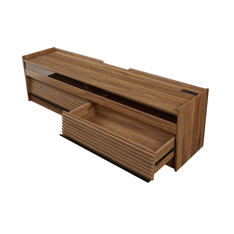 Meuble télé Mirod avec rangement spacieux, 4 tiroirs avec verre trempé, ports de charge intégrés et éclairage DEL ambiant, polyvalent pour tous les styles de décor