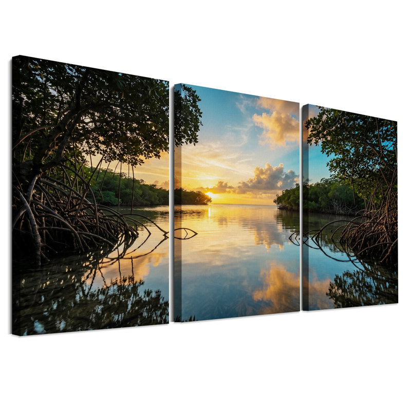 Ensemble de 3 toiles murales « Racines de mangrove encadrant un coucher de soleil doré », 36"H x 24"W x 3pcs