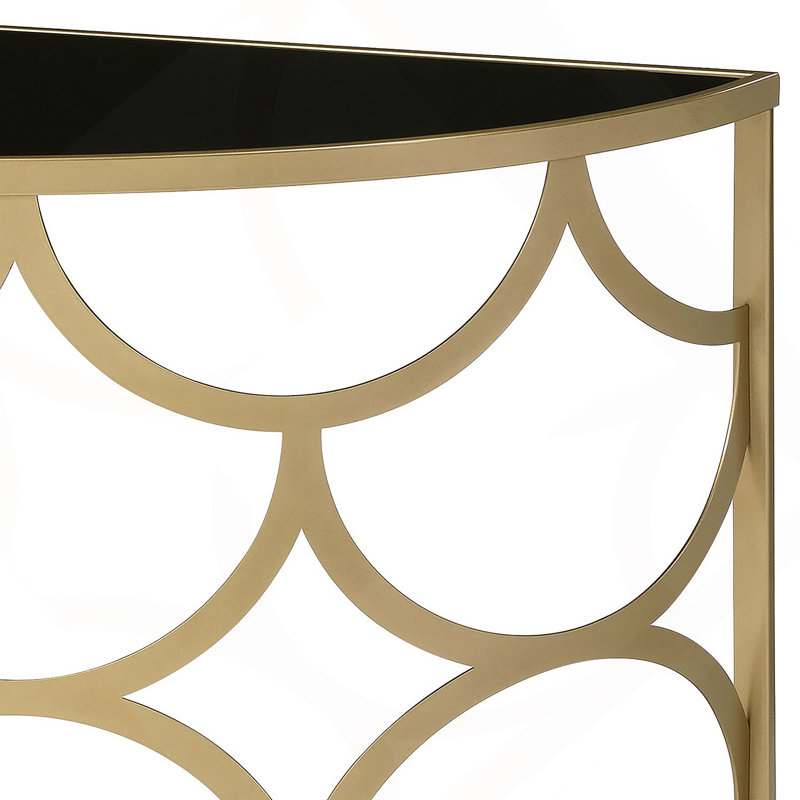 Élégante console demi-lune avec base en métal et plateau en verre trempé pour les maisons modernes, idéale pour présenter des objets décoratifs