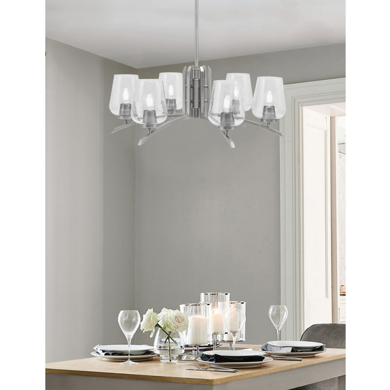 Lustre à 6 lumières kurve présenté dans une finition graphite avec verre à bulles transparent de 5 po