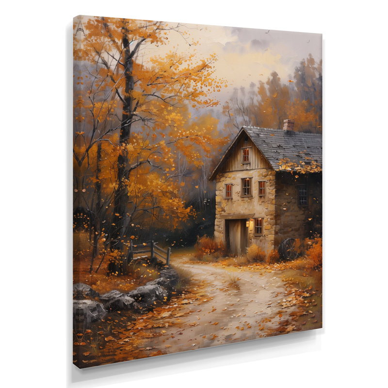 «Brown Yellow Autumn Rustic Retreat Barn» - reproduction d'art murale grange, Toile tendue, H 32 po x l 16 po