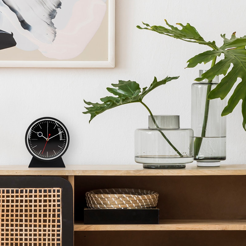 Analog Birch Solid Wood Quartz Alarm Tabletop Clock in Black