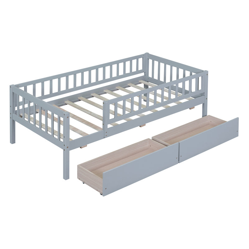 Daybed Wood Bed with Two Drawers, Gray, Twin