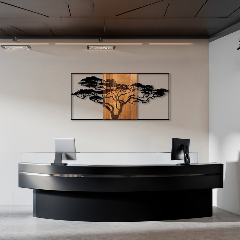 Stylish Decorative Wooden Wall Accessory, Black & Walnut, 57.9 x 1.2 x 27.6 inches | 50% Real Wood (Thickness: 1.2 inches) & 50% Metal (Thickness: 0.06 inches) | Unique Design, Perfect for Modern Home Decor