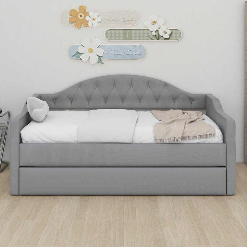 Twin Size Upholstered Daybed With Trundle,Velvet Sofa Bed With USB Ports And Wood Slats Supports,Button Tufted Backrest And Armrest, No Box Spring Needed