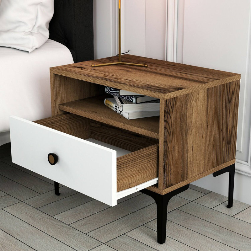 Aliyanah 56cm W Manufactured Wood Bedside Table, Walnut/White